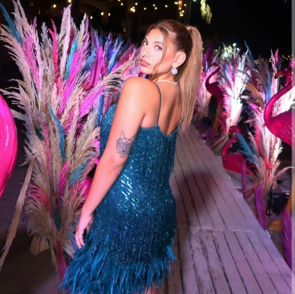 NWT Nadine Merabi Lottie Teal Blue Beaded Feather Mini Dress Sz Small/4 - Picture 12 of 16